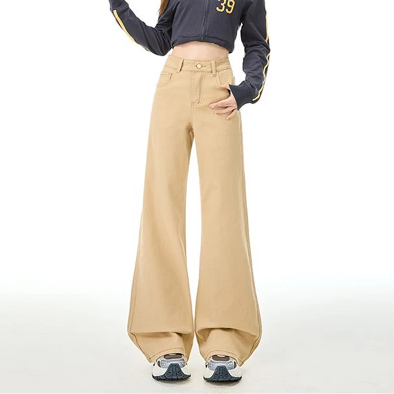 FINEWORDS Vintage taille haute jean évasé femmes décontracté cloche bas jean Easymatch coréen pleine longueur Beige jean