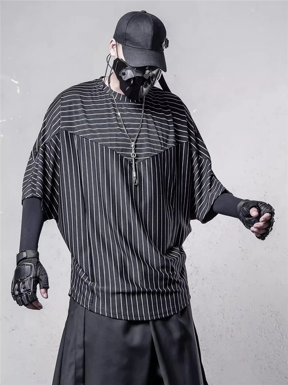 Tactical Striped Thin Tees Tops Men Streetwear Hip Hop Bat Sleeve TShirt Oversized Harajuku Vintage Casual Short Sleeve T-Shirts