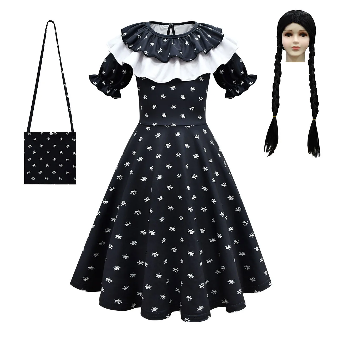 

New Wednesday Addams Dress Children Peter Pan Collar Cosplay Costume Kids Short sleeve Fantasy Summer Flared Skater Dress