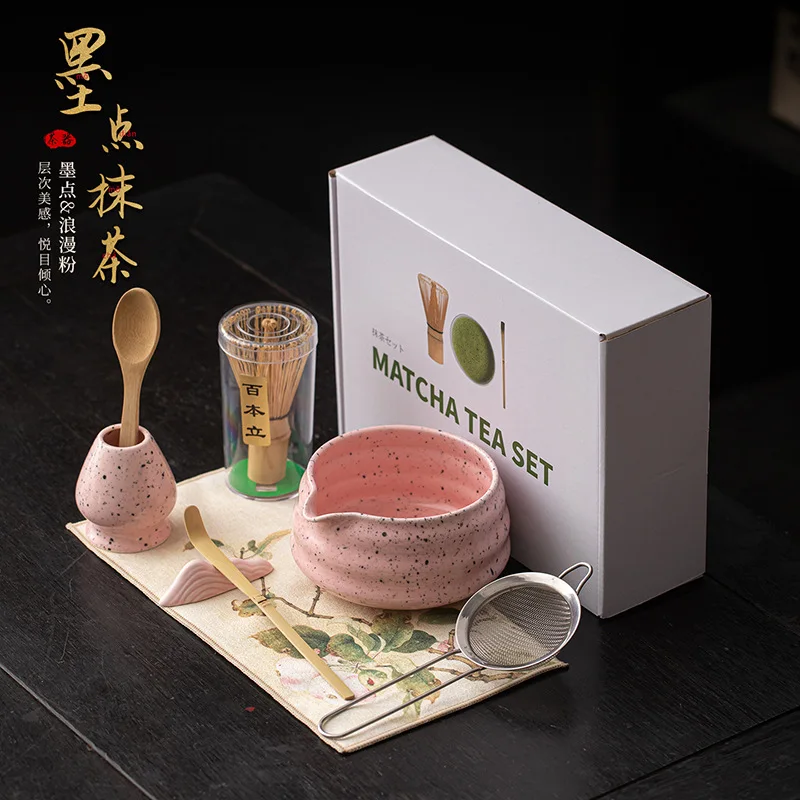 

Ink Dot Romantic Pink Purple 8pcs Matcha Kits Tea Set Ceramic Bowl Glass Cup Bamboo Whisk Stand Chasen Matcha Tea Gift Box Home