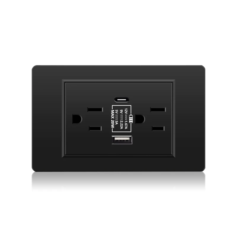 American Thai Standard USB Type-C 20W Fast Charging Power Outlet,US Mexico With 3.1A Socket Plug Home White/ Black Plastic Panel