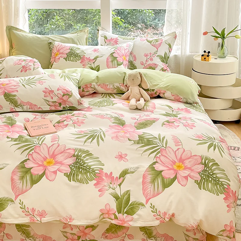 Shabby Floral Duvet Cover Twin Queen Cotton Monstera Leaves Pink Flower Comforter Cover with 2 Pillow Sham Botanical Bedding Set