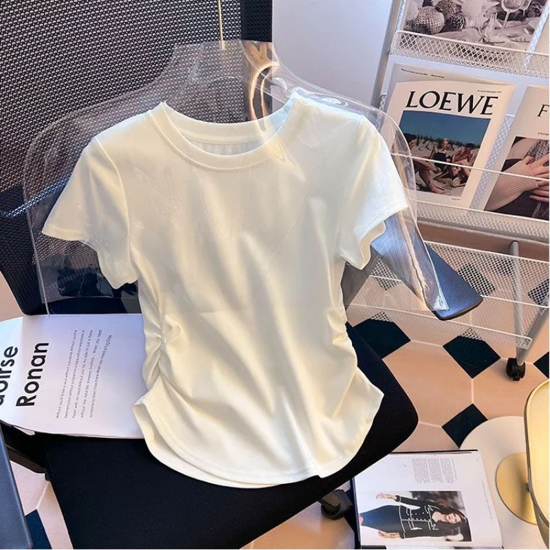 5 cores camisetas femininas hotsweet shirring casual simples o-pescoço moda senhora estilo coreano maduro concurso футlıkelho verão minoria