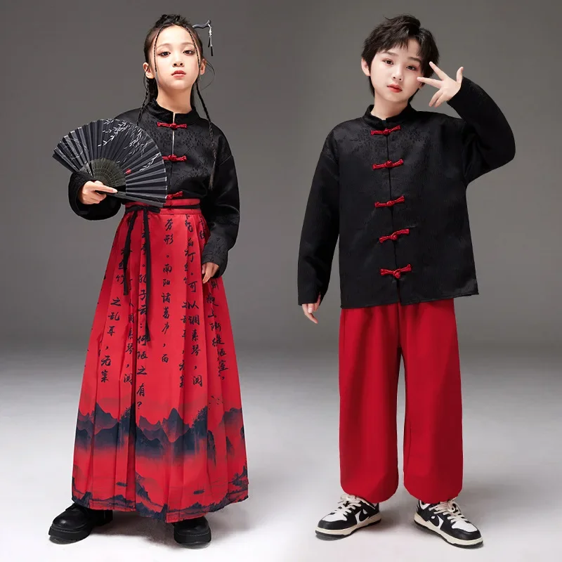 

Kid Traditional Hanfu Chinese Character Gradient Red Horse Face Pleated Skirt White Shirt for Girl Boy Dance Costumes Clothes