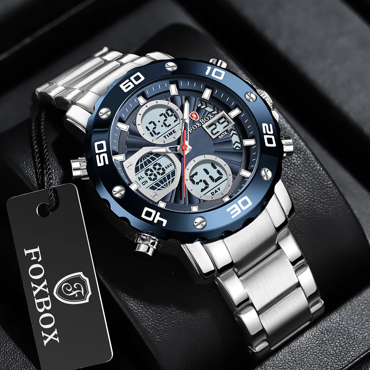 

FOXBOX Luxury Mens Watches Fashion Business Quartz Watch For Man Analog Digital Clock Male Waterproof Stainless Steel Watches