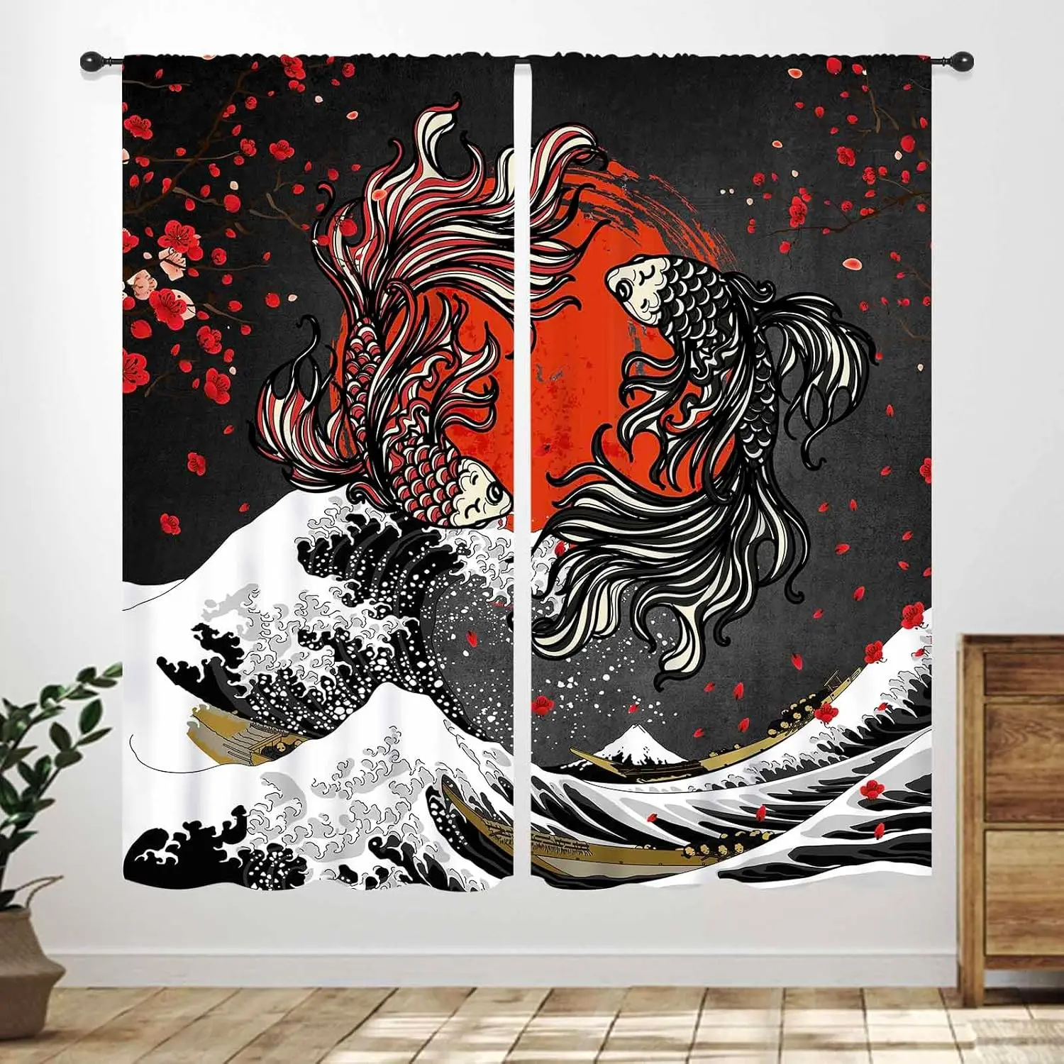 Japanese Anime Dragon Wave Curtain Polyester Home Decor Window Panel Ukiyo-e Style Asian Art Koi Yokai Manga Room Divider Curtai