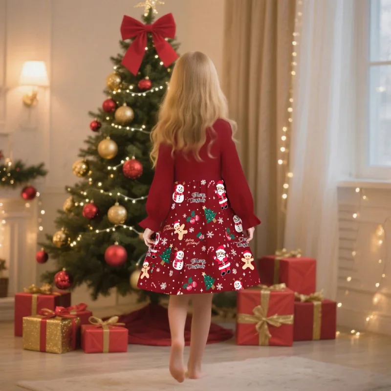 2025 Cute Girls Christmas Dress Long Sleeve - Santa Snowman Print Xmas Holiday Party Outfit for Kids
