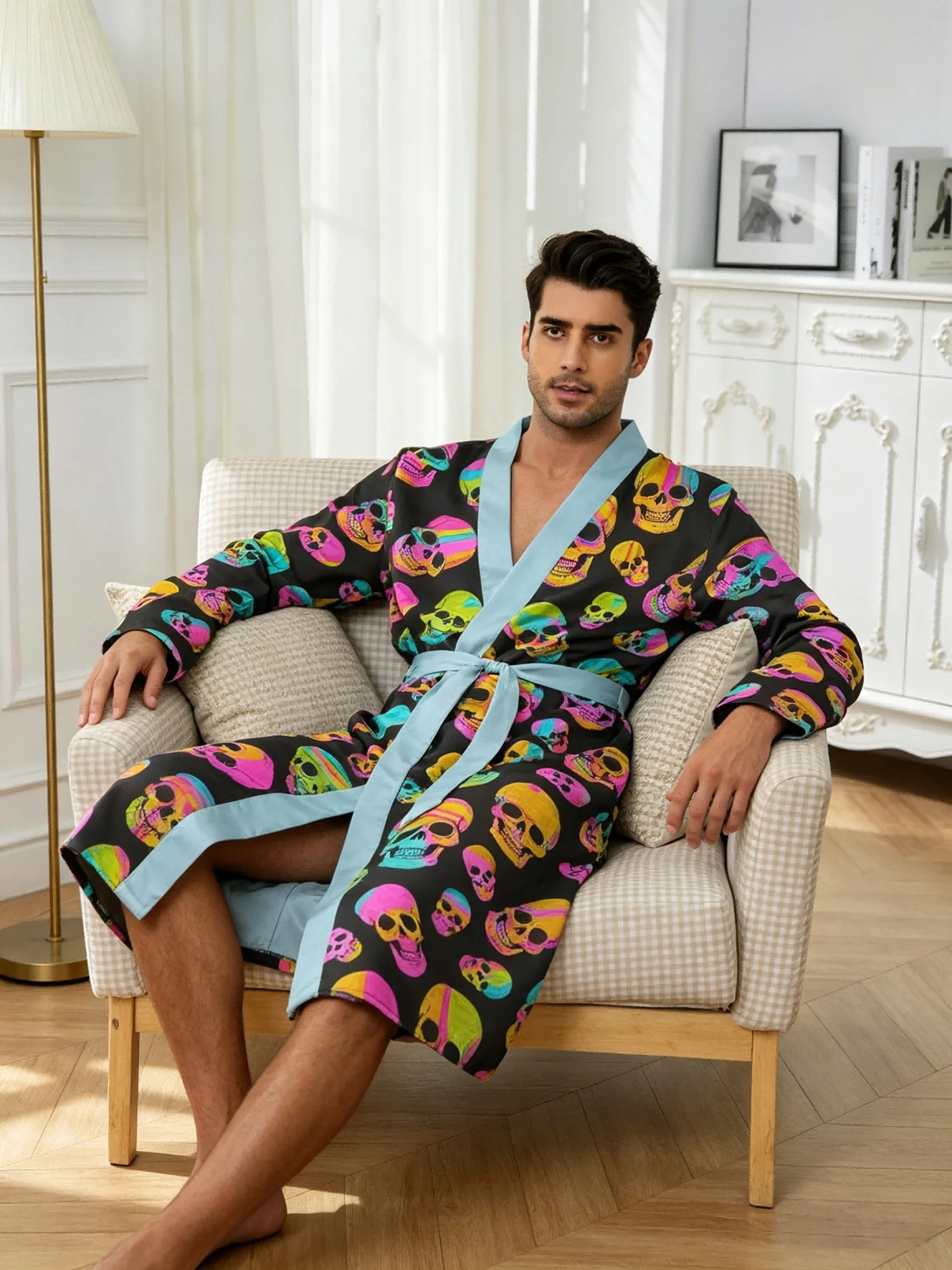 Men's lightweight quick-drying pajama bathrobe - 3D digital printing, non-fading design, stand-up collar and adjustable waistban