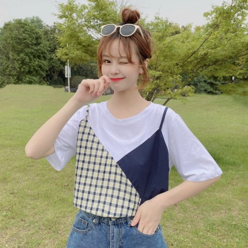 Kurzarm T-shirts Frauen Gefälschte Zwei Stück Tops Sommer Junge Student Mode Koreanischen Stil Ins Einfach Alle-spiel Patchwork Beliebt