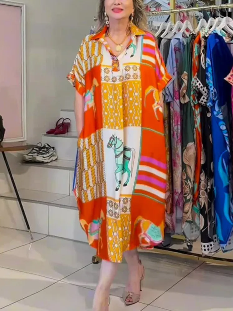 

2025 Summer New Shirt Dress Women's Fashion Elegant Print Short Sleeve Loose Beach Party Casual Dresses For Women Robe Femme