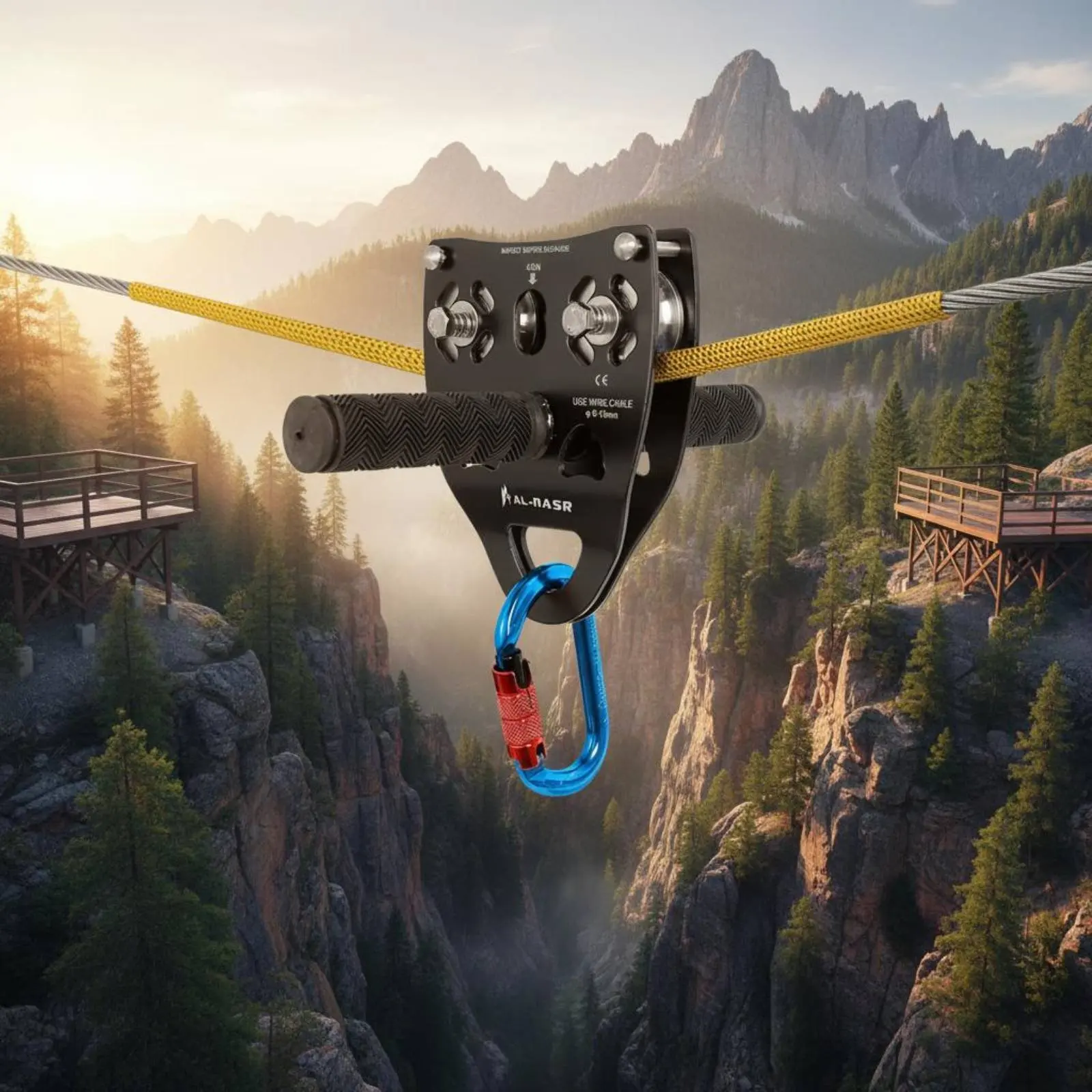 

Sturdy Duty Tandem Speed Pulley Certified Certified Wire Trolley Pulley with Handlebar Outdoor Equipment for Exploration Park