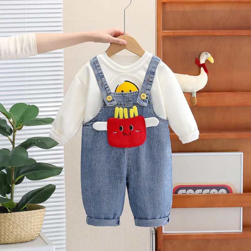 

2024 New Baby Spring Boys and Girls Casual Cartoon Long Sleeve T-shirts and Denim Overalls Infant Clothes Kids Bebes Tracksuits