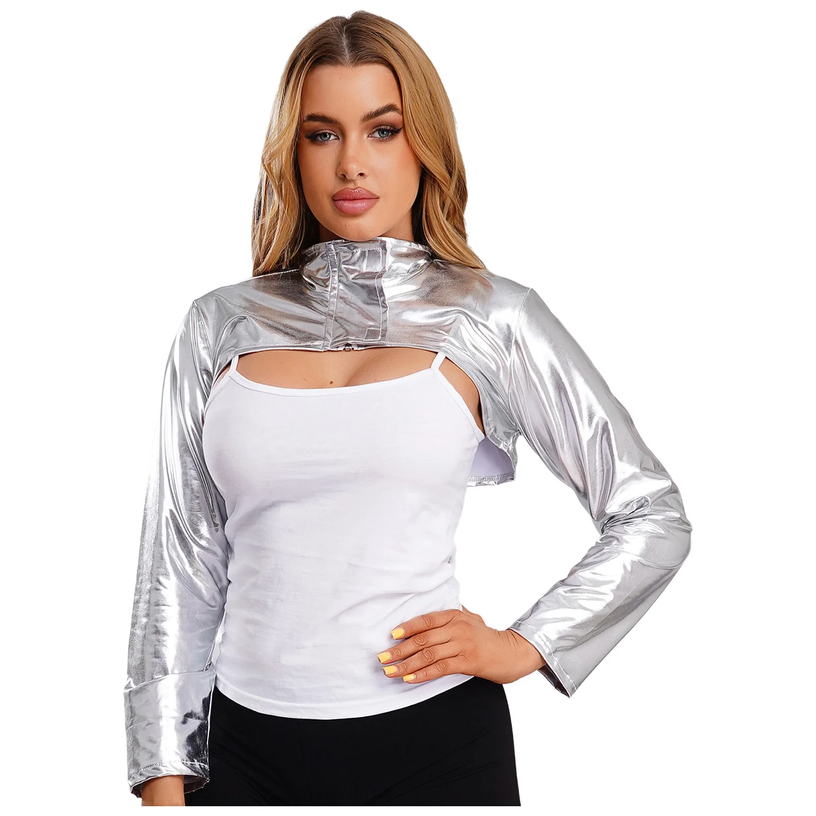 Womens Disco Party Dance Crop Top with Oversleeves/Brooch Holographic Metallic Pullover T-shirt Top for Rock Music Festival Wear