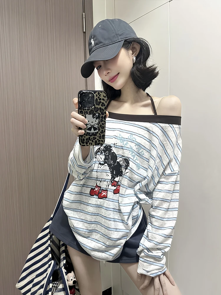 Blue Striped Neck Hanging One Shoulder Loose Lightweight Long Sleeve T-Shirt Sunshade Cover up Lazy Style Early Autumn Top