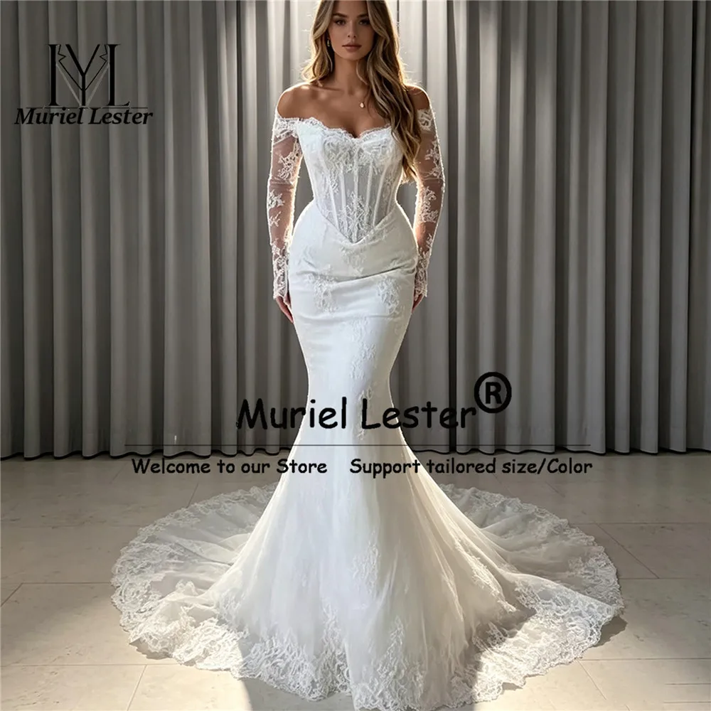 Handmade Lace Applique Mermaid Wedding Dresses Off Shoulder Long Sleeves Bridal Gowsn Customized Female Party Outfit Customized