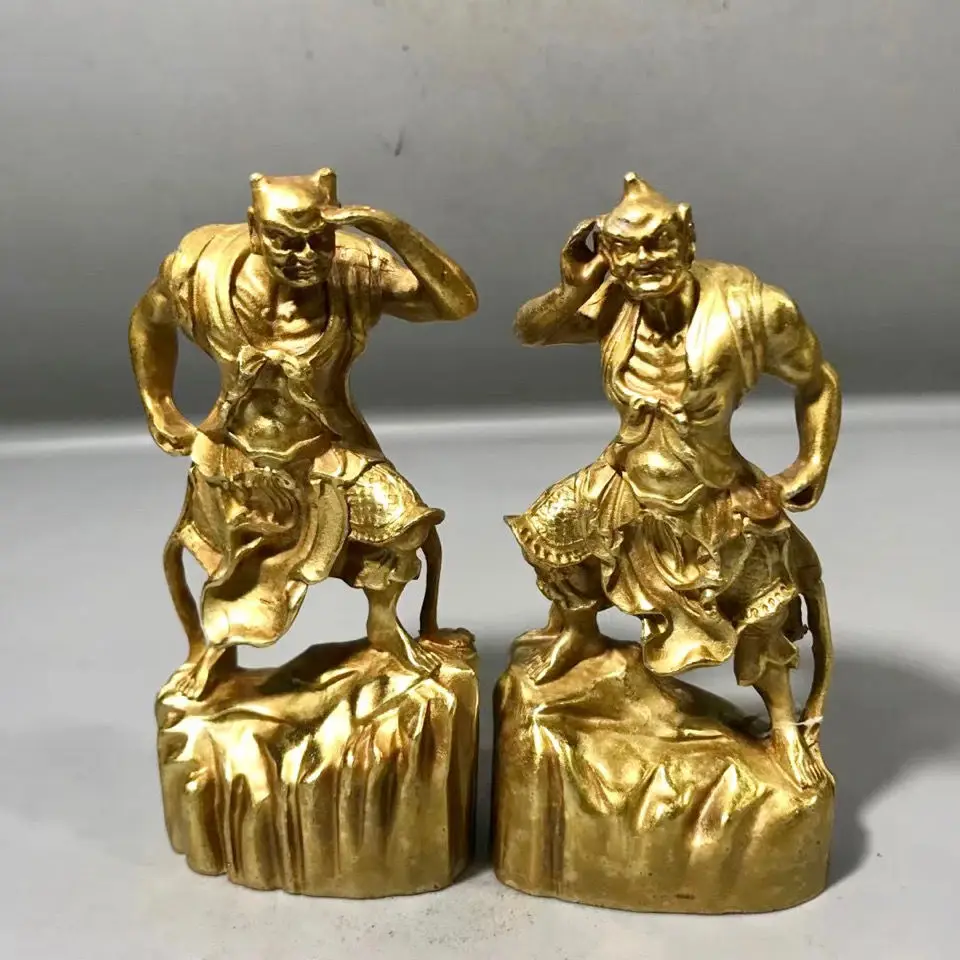 Antique Bronze Qianliyan Shunfeng Ear Statue Pair Door God Buddha Hall Left Right Protector