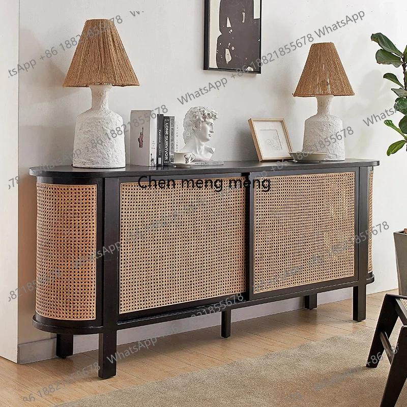 Vintage Sideboard Cabinet Solid Wood French Style Antique Black Natural Wood Rattan Tea Cabinet for Home Use
