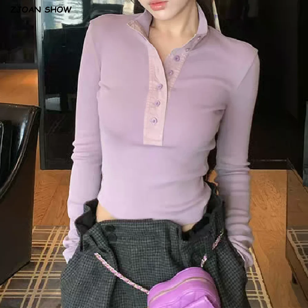 Nowe wiosenno-jesienne patchworkowe bluzki z wysokim kołnierzem, dopasowane koszulki damskie z długim rękawem, krótka bluzka bazowa typu crop top.