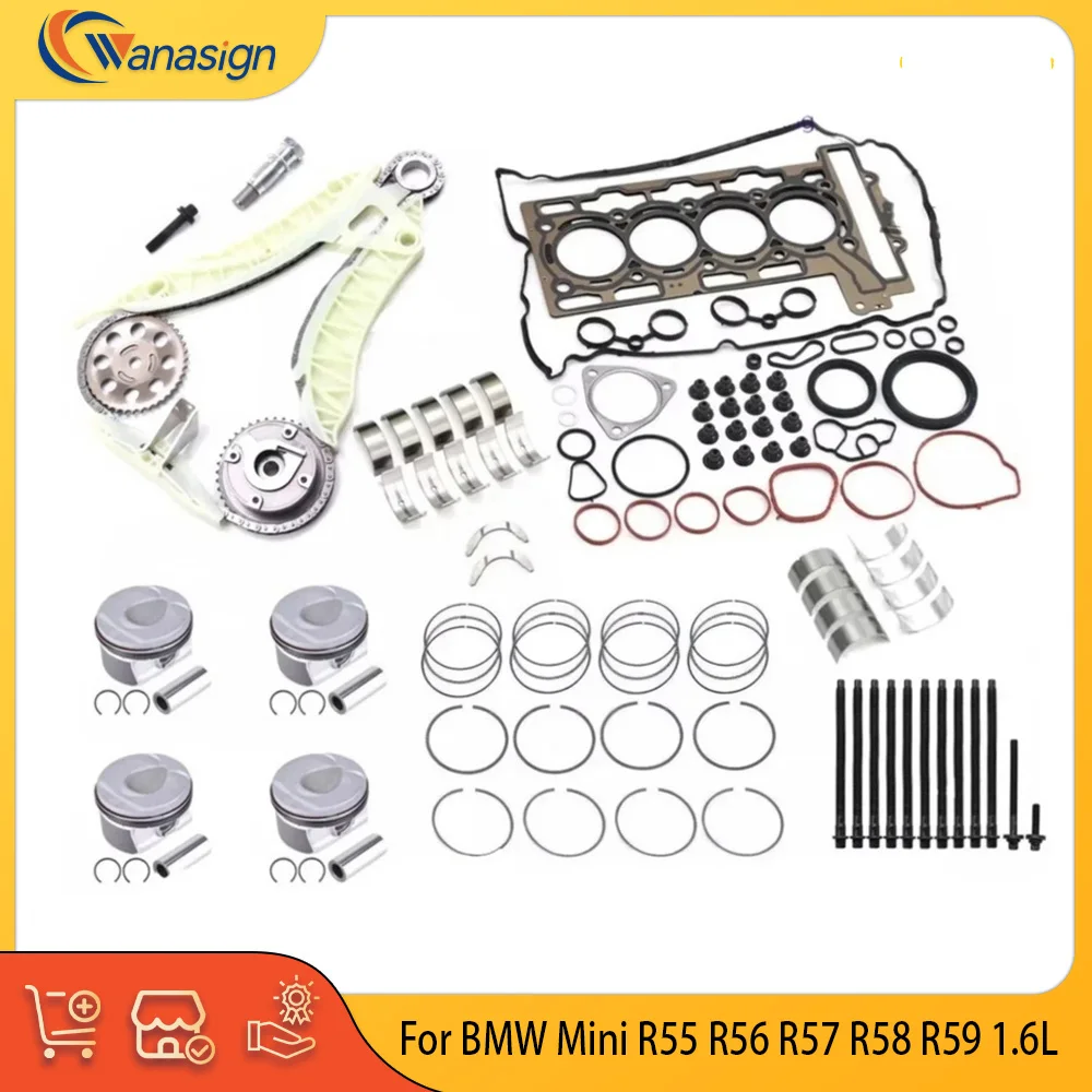 Engine Parts Full Gasket Timing Chain Piston Bearings Set Fit 1.6 L L4 Gas N14 For BMW Mini R55 R56 R57 R58 R59 1.6L
