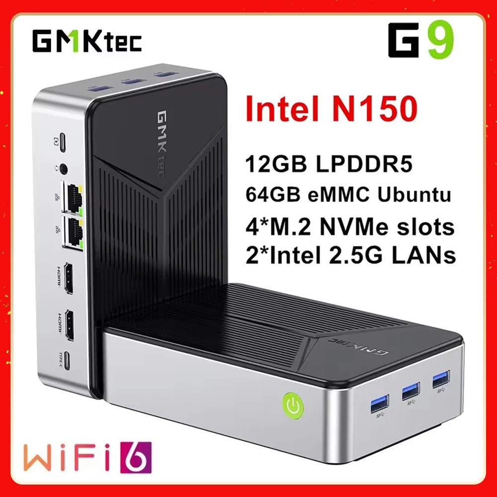 GMKtec G9 Twin Lake Intel N150 Mini PC 12G LPDDR5 64GB eMMC M.2 2280 SSD Ubuntu 2x2.5G LAN Desktop Gaming Computer WiFi6 BT5.2