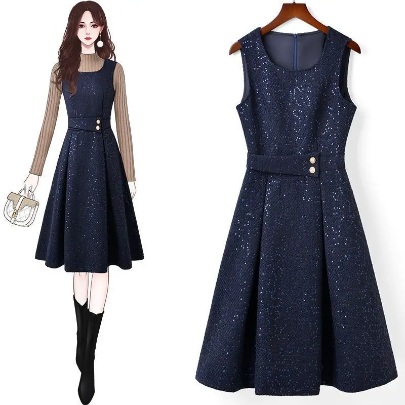 Women's Autumn Winter Sweater Wool Tank Dress 1 or Two Piece Set Lady Falls Solid Bottoming Knit Tops Sleeveless Dresses Outfits