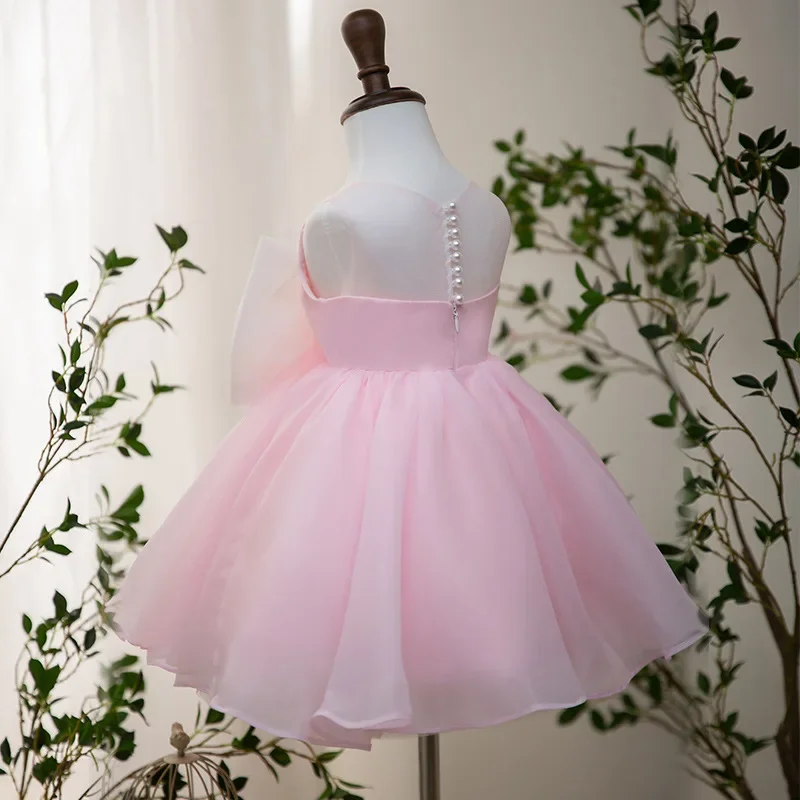 Flower Girl Pink Luxury Dress Children Birthday Baptism Dresses For Kids Elegant Big Bow Frocks Girls Boutique Party Wear Dress