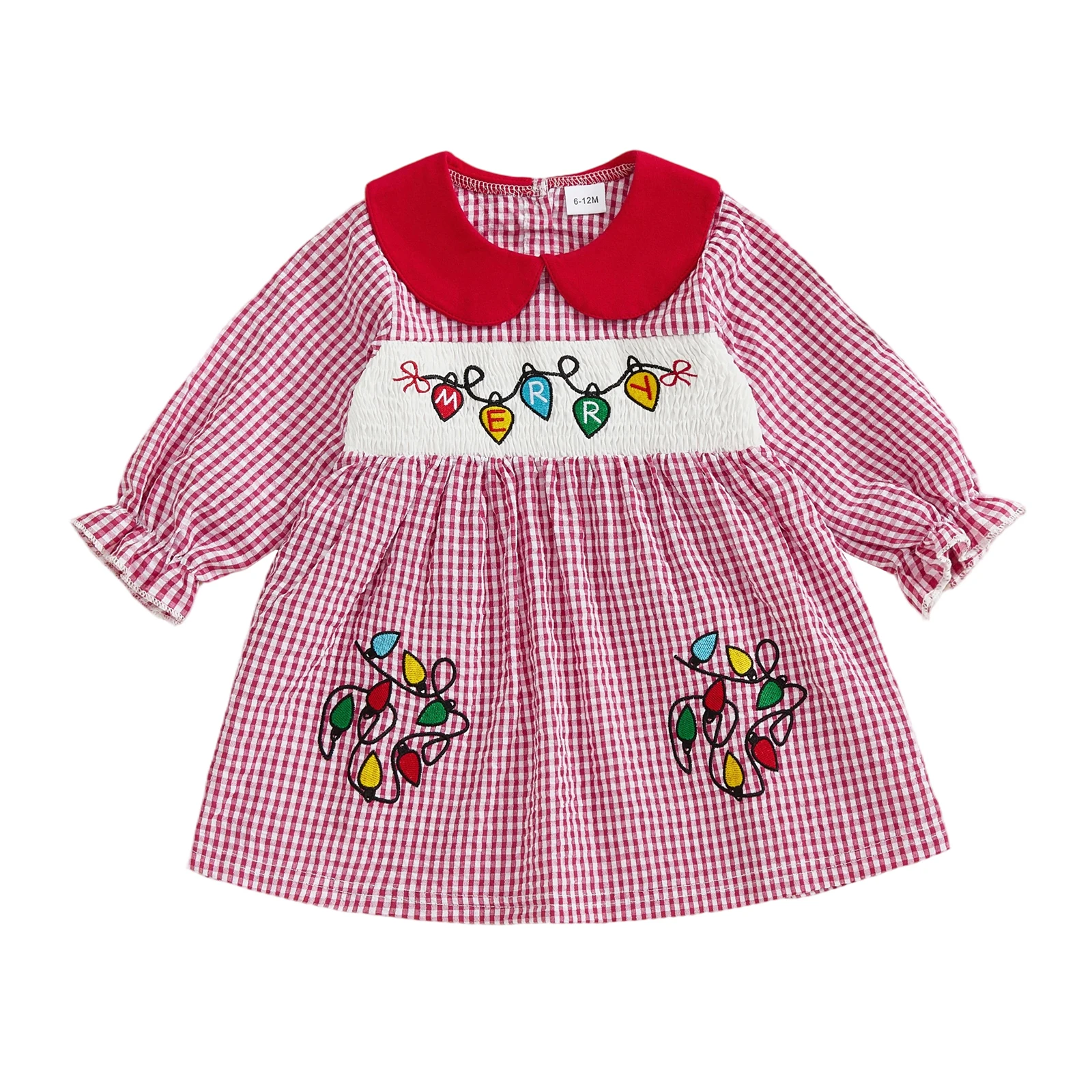 

Toddler Girl Christmas A Line Dress Plaid Print Lights String Embroidery Doll Collar Long Sleeves Dress