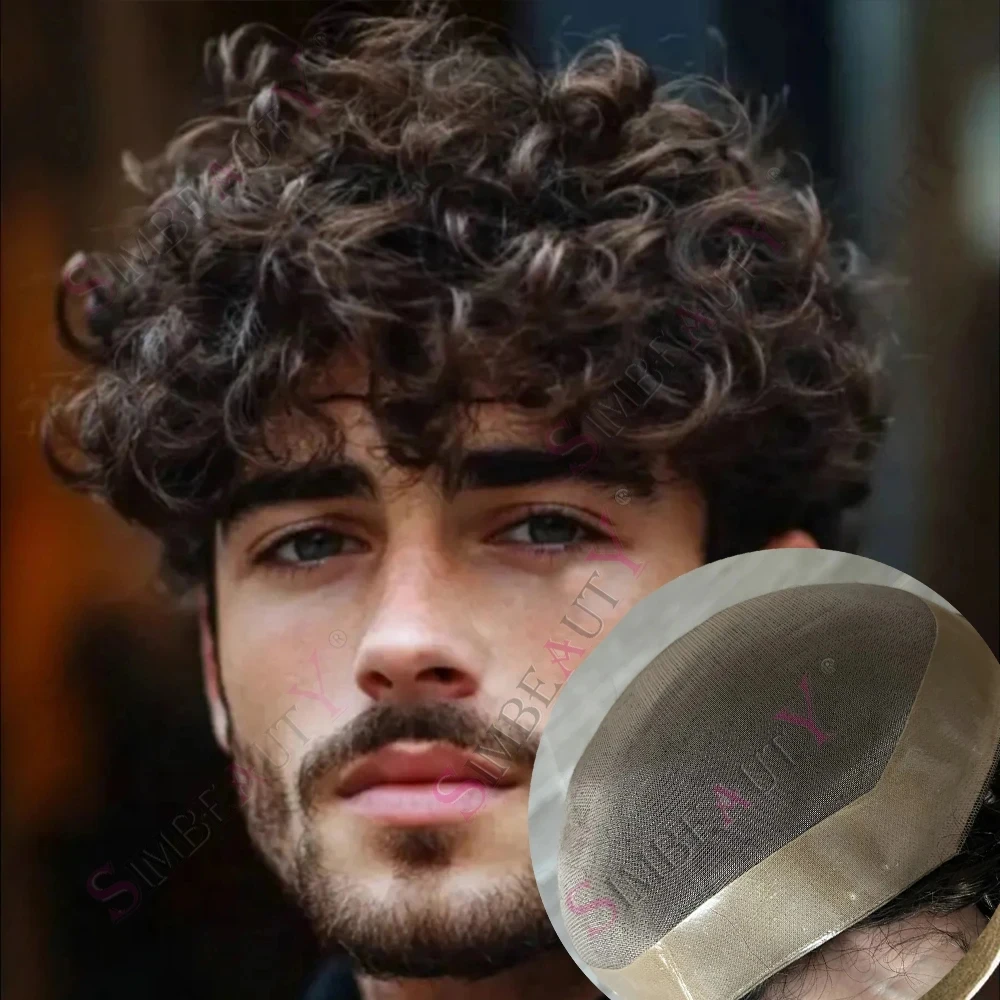 

26 мм/20 мм вьющийся мужской парик, 100% человеческие волосы, невидимая кожа, искусственная основа и моно-кружевной мужской парик, черная система замены, протез