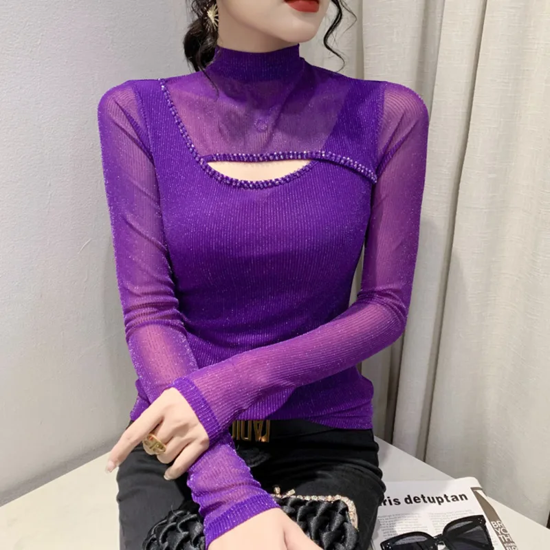 #8313 Black Red Purple Mesh T Shirt Women Tight Thin Elastic Turtleneck T Shirt Female Perspective Long Sleeve Irregular Tee