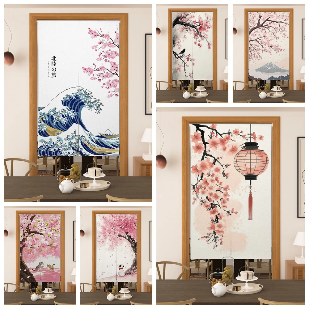 Japanese Door Curtain Cherry Blossom Print Room Divider Privacy Screen For Living Room Bedroom Decorative Hanging Half Curtains
