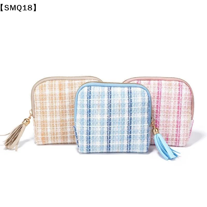 Tweed Small Cosmetic Bag With Tassel Zipper Soft Lining Perfect For Storing Lipstick Jewelry Coins Travel Daily Use【SMQ】
