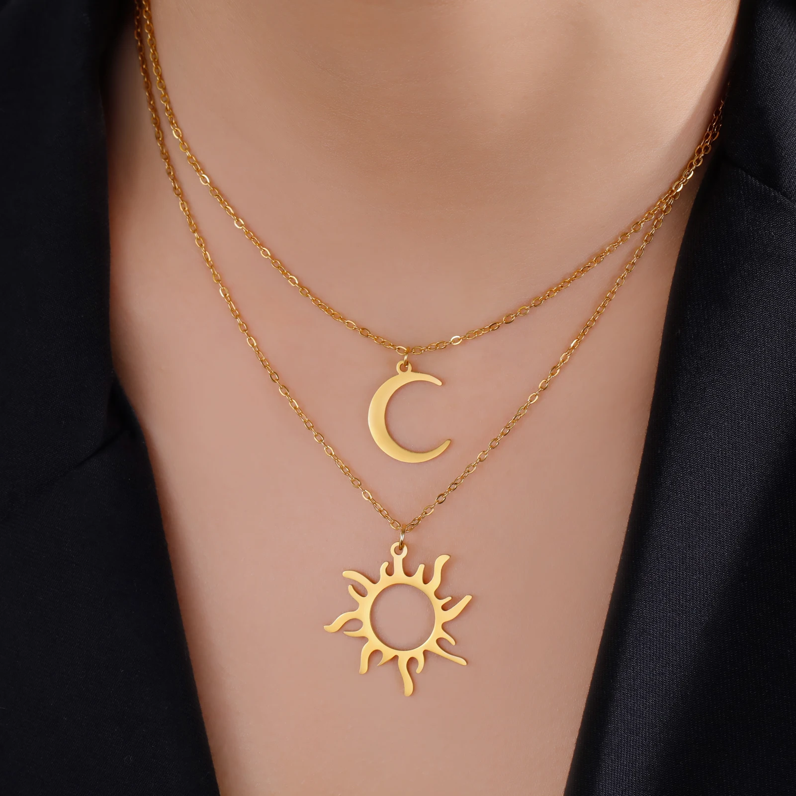 COOLTIME Sonne Mond Anhänger Halskette Edelstahl Böhmischer Halsband Mode Amulett Schmuck Geschenk für Frauen Neu im Großhandel – Detail 5