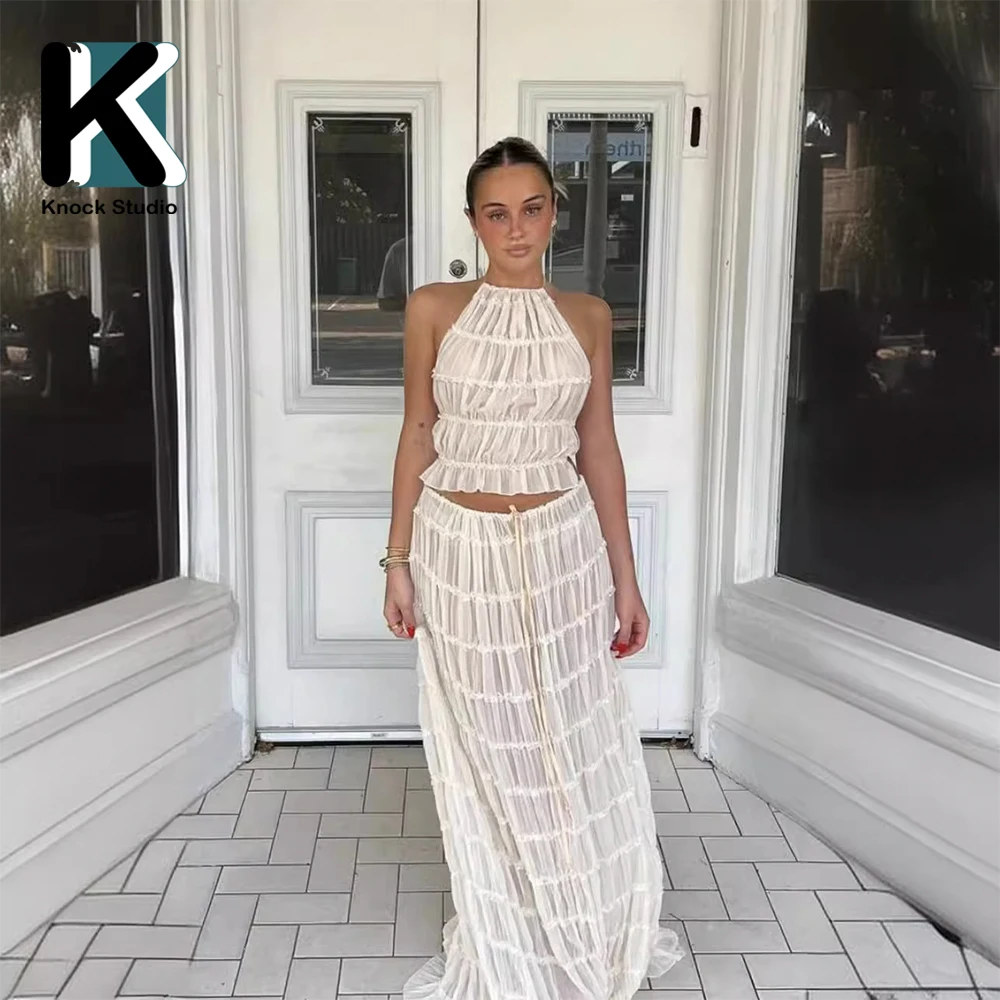 

Knock Summer Trendy Trendy Sexy Dress Suit for Women Sleeve-less Top and Long Dress Bottom 2 Pcs Lace Set Female