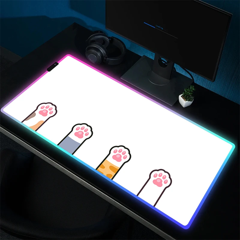 Коврик для мыши Kawaii в виде кошачьей лапы, RGB коврик для мыши, большой игровой коврик для мыши, геймерский резиновый коврик для компьютерного стола, игровые коврики для клавиатуры с фиксируемыми краями