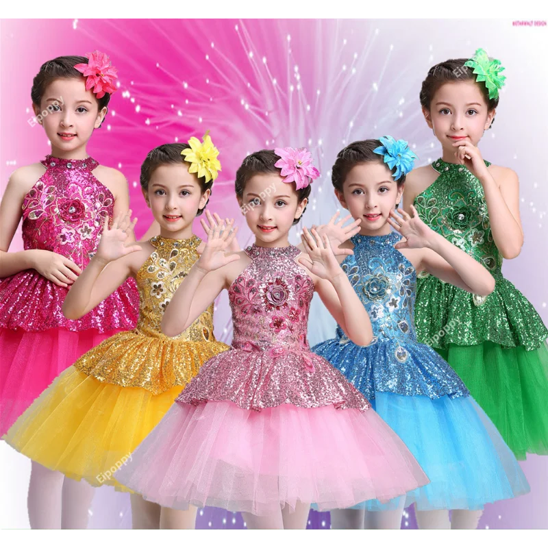 

Princess Sequin Dance Dress For Girls New Design Children Halter Flowers Dress Ballerina Clothes For Kids Ballet Dancers