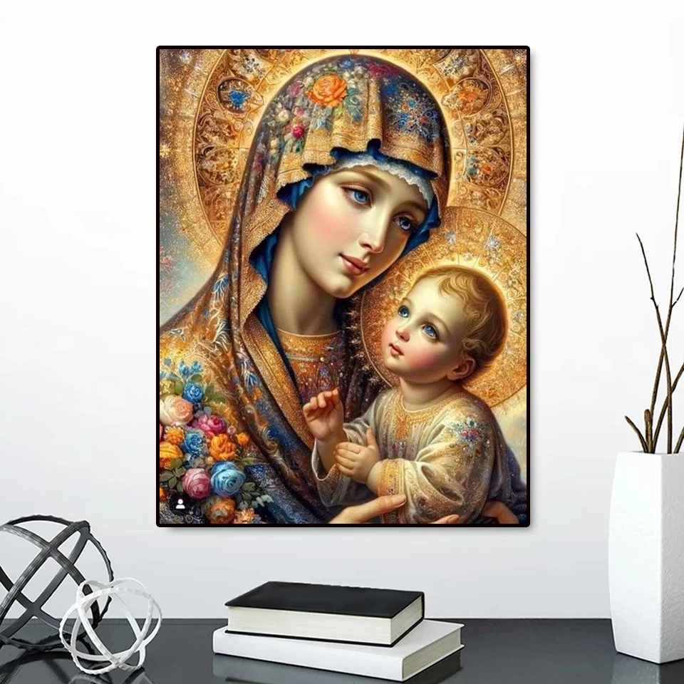 Frameless,Diamond Painting Virgin Mary Flower Diy Full Mosaic Embroidery Rhinestone Kits Religious Icon Blessing Rose Picture Wa