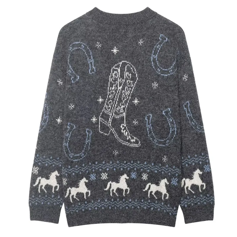 Women's Fashionable Patchwork Button Knit Jacket Gray Knit Cardigan Horse Pattern For Women Crew Neck Button Front Casual OAHF