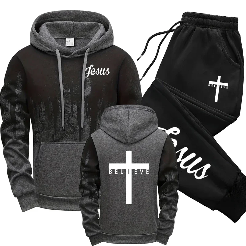 

Jesus Christ Style Hoodies and Sweatpants Autumn Winter Daily Casual Sporty Jogging Suit Cross Tracksuit High Quality Men's Set