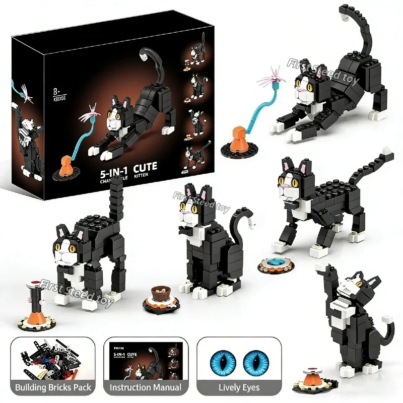 

New 5-in-1 Black Cat Building Block Set With 5 Different Postures That Can Be Independently Assembled Figures Model For Kid Gift