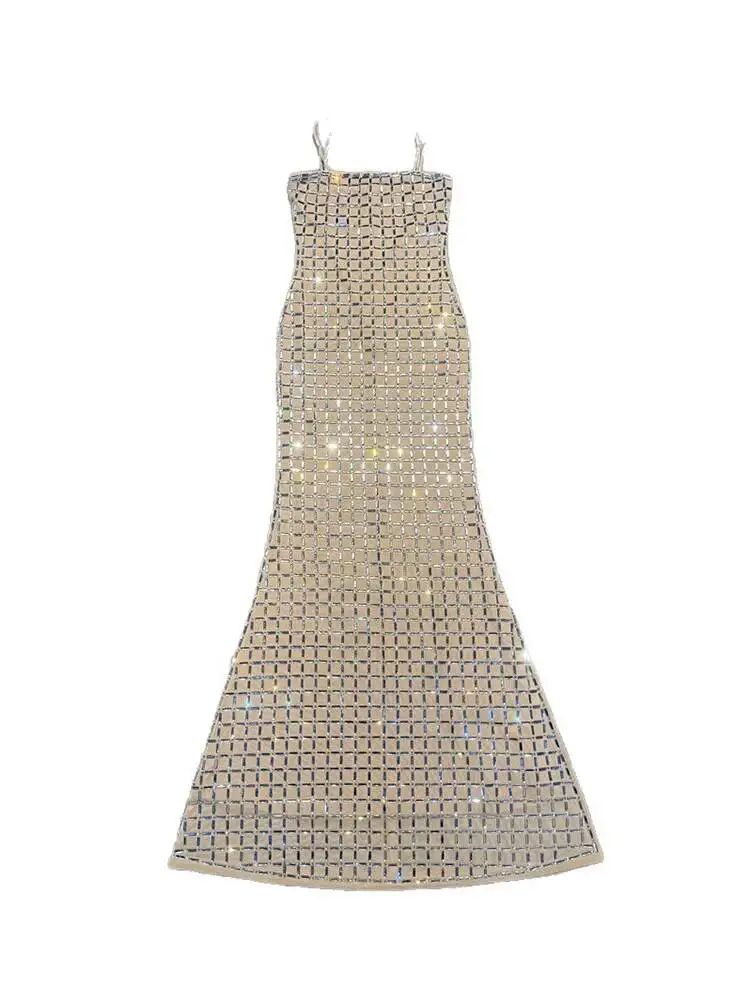 Fashion Dark Green Diamond Super Flash Spaghetti Strap Dress Women's Slim Fit A-line Ankle-length Party Dresses New 3TNF view 2