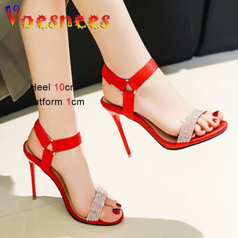 

10CM Sexy One Word Band Women's Weding Sandals Summer Satin Ankle Strap Stiletto High Heels Fashion Rhinestone Party Dress Shoes