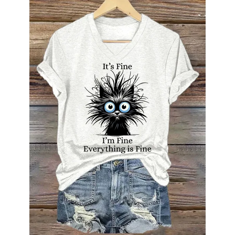 ilstile Women's Cat Print T-Shirts Summer Short Sleeve Casual Loose V Neck Tops Tees White Green Hot Sale
