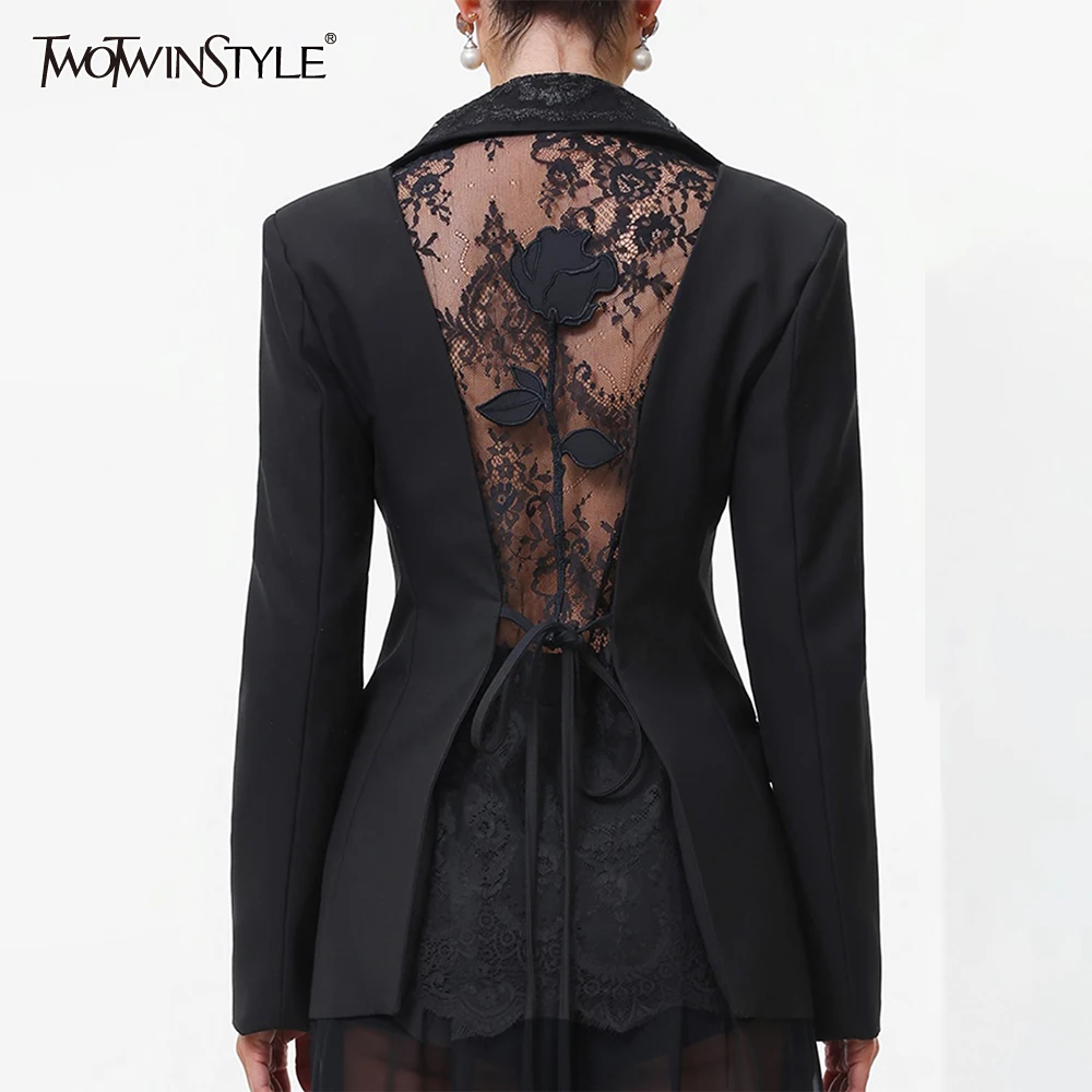 TWOTWINSTYLE Solid Spliced Hollow Out Jacket Female Lapel Long Sleeve Loose Elegant Temperament Women's Jackets Autumn Fashion