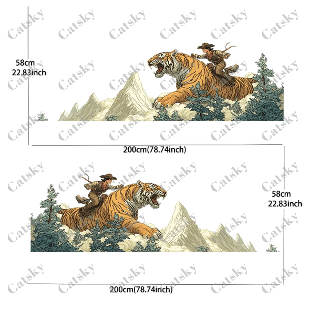 Cowboy Riding a Tiger sticker between the mountain peaks and woods, suitable for cars and trucks, durable, fade-resistant, easy