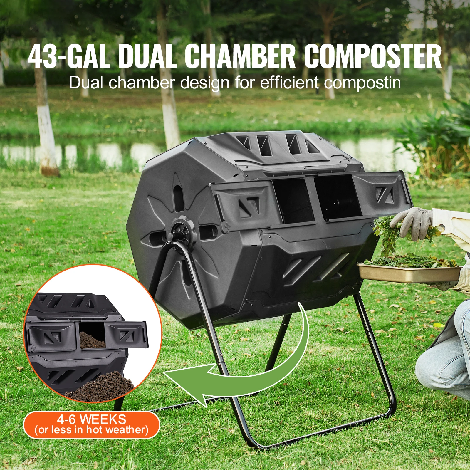 Compost Bin 18.5/37/43-Gal Dual Chamber Composting Tumbler BPA Free Composter Bin Tumbler for Garden Kitchen Outdoor
