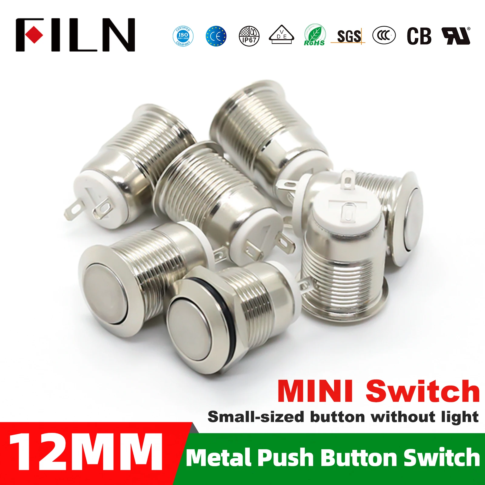

FILN 5pcs 12mm Momentary Push Button Switch 12V Waterproof Power Pushbutton Small Round Chrome Stainless Metal 2pin N/O