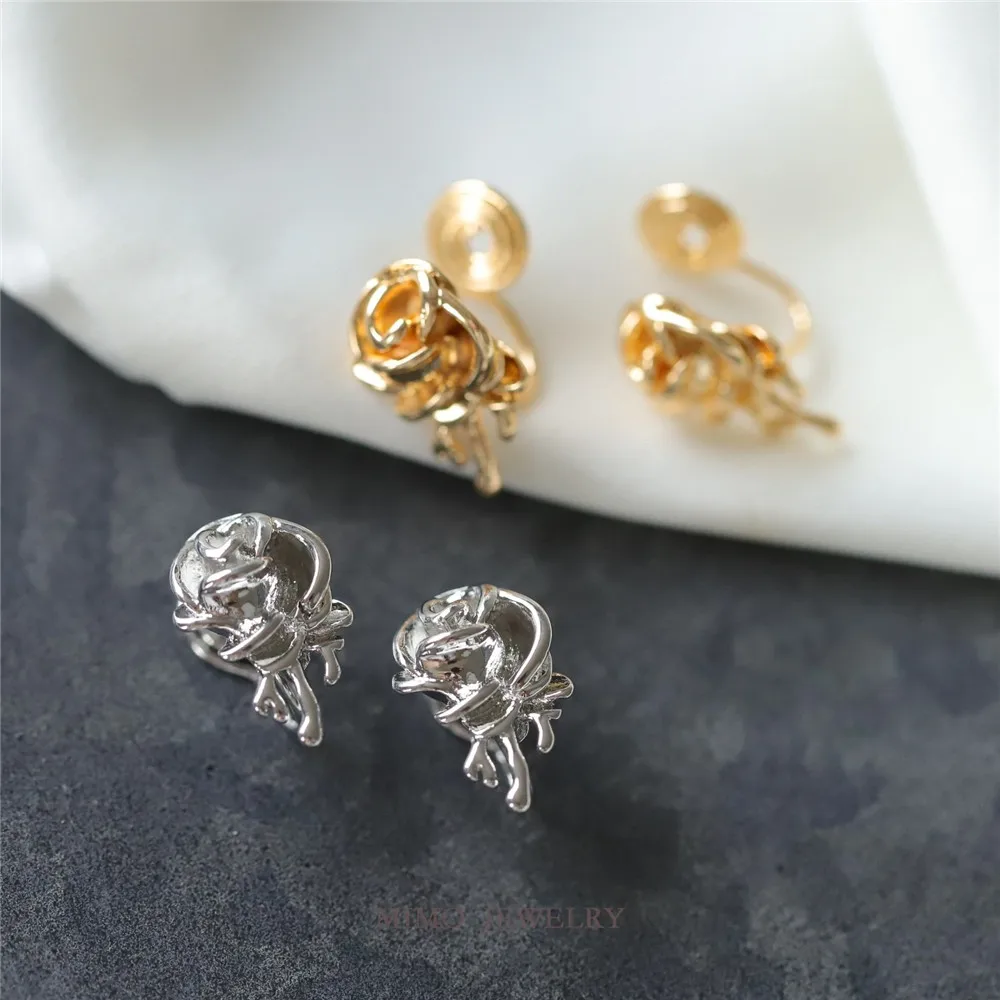 Copper Plated Real Gold Romantic Gentle Three-dimensional Rose Flower Stud Earrings DIY Handmade Charm Accessories E032