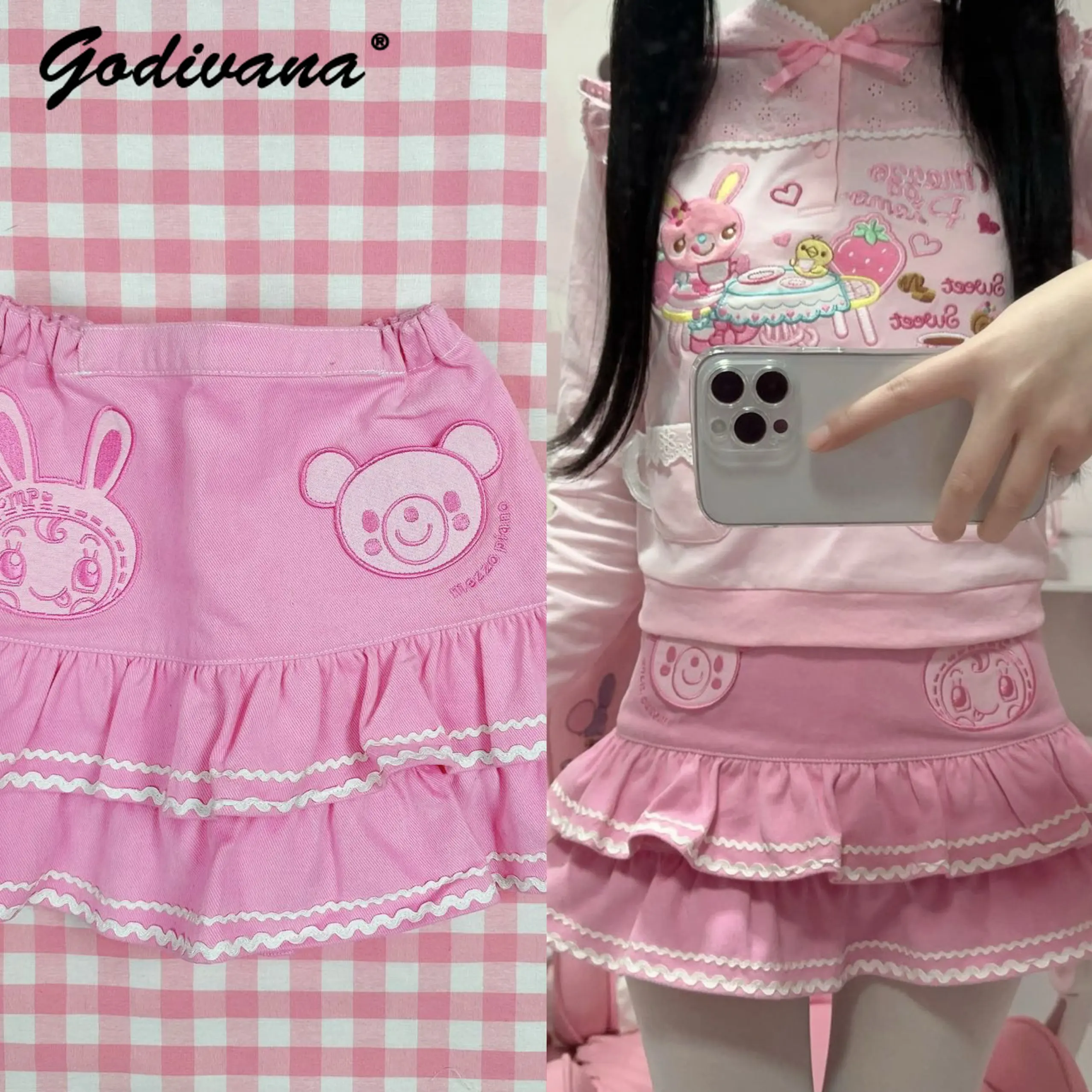 Japanese Style Sweet Cute Pink Denim Skirt Soft Girl Daughter Outfit Subculture Retro Y2K Elastic Waist Cartoon Mini Jeans Skirt