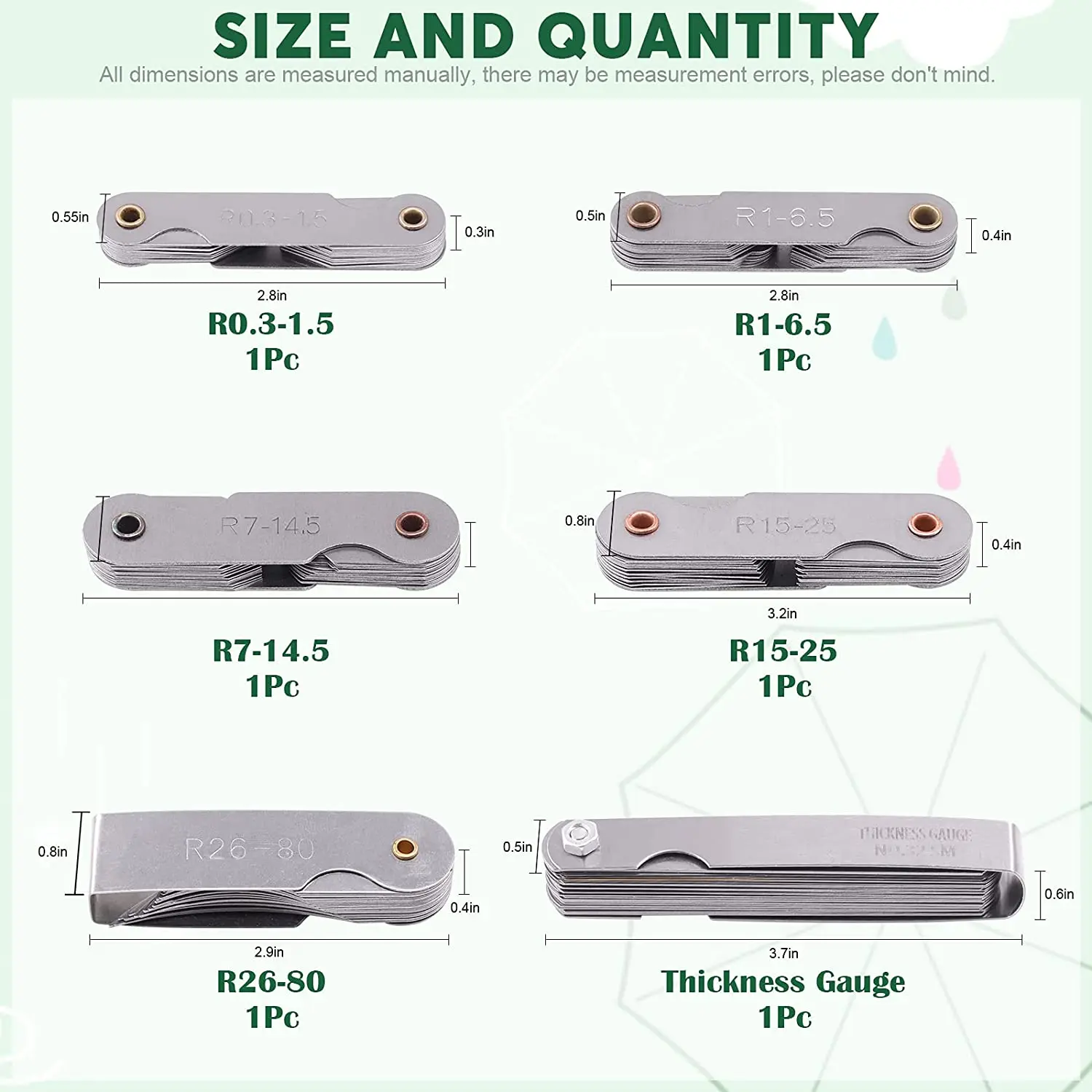 6 Pcs Stainless Steel Radius Gauge with Feeler Gauge Set Arc Radius Fillet Gauge and 0.04-0.88mm Space Measure Tool