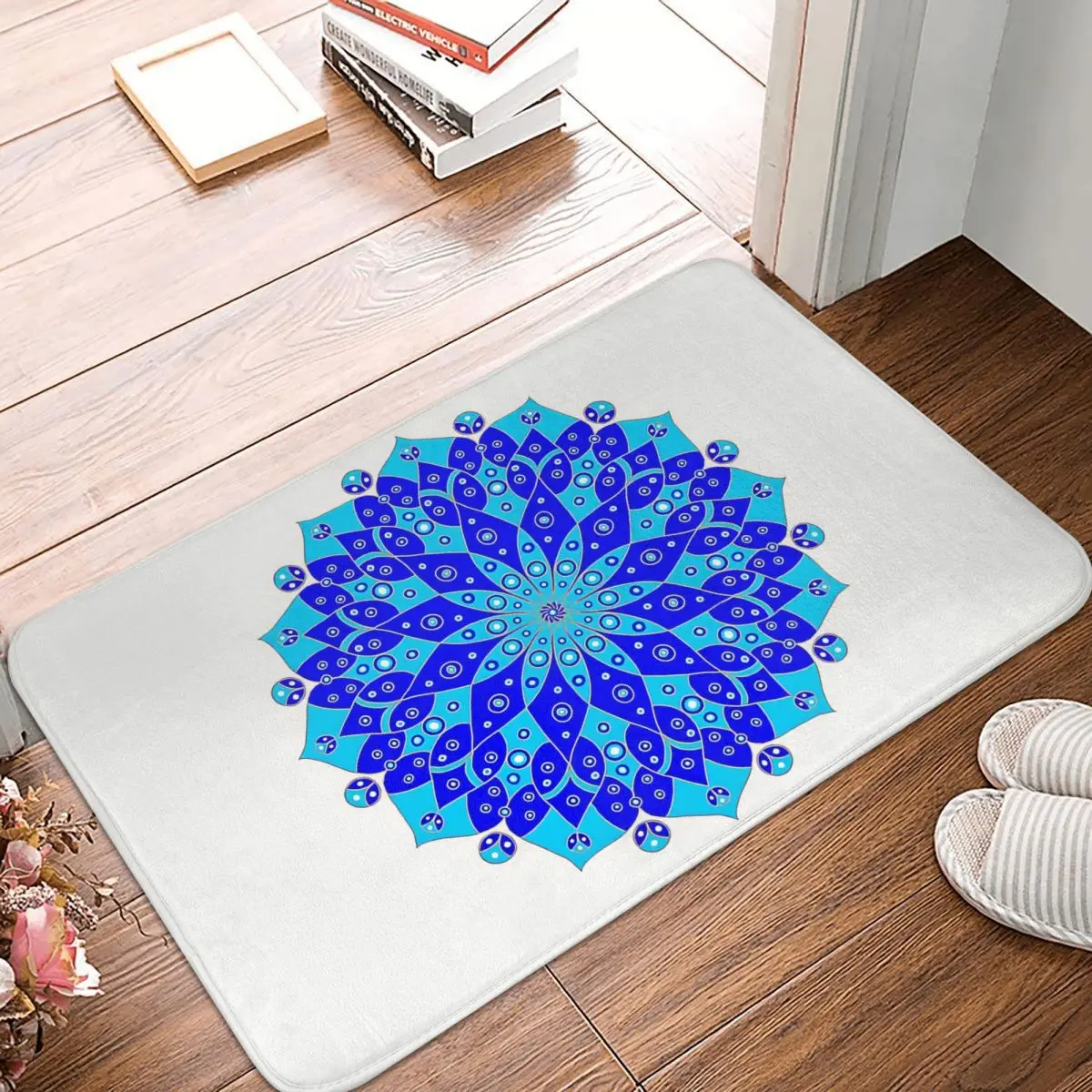 Mandela Evil Eye Flower, Blue, White, Colourful, Mandala Evil Eye Non-Slip Carpet Doormat Bedroom Kitchen Mat Floor Rug